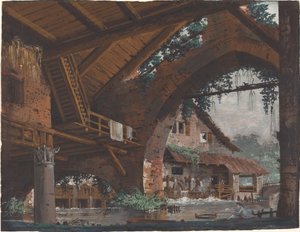 Fantazja architektoniczna antycznych ruin z młynem wodnym