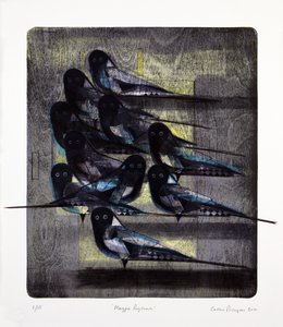 Magpie Rhythm, 2016 (litografia mokulito z ręcznym kolorowaniem)