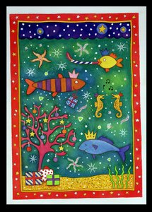 Fishy Christmas, 1997 (wc i pastel na papierze) autorstwa Cathy Baxter