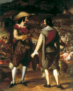Zdobycie San Juan w Portoryko (Puerto Rico) (1625). Szczegół. Na pierwszym planie Don Juan de Haro rozmawia ze swoim asystentem. Za nim forteca strzeżona przez Hiszpanów, którzy zmuszają Holendrów do odejścia. Obraz Eugenio Caxes lub Cajes (1577-1634) autorstwa Caxesi or Caxete Eugenio Caxes