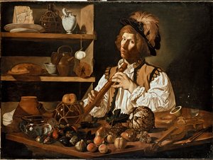 Wnętrze z młodym mężczyzną trzymającym dyktafon, c1610-1621 autorstwa Cecco del Caravaggio