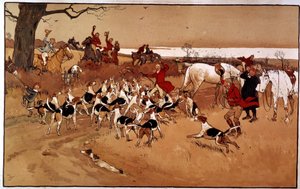 Uciekł scena polowania; strzelanie. Grawerowanie: Cecil Aldin (1870 -?), Anglia. Dz. Część autorstwa Cecil Charles Windsor Aldin