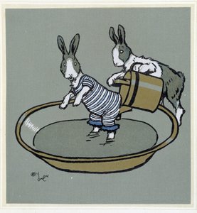 Króliki prennant un bain - in „Wesołe przyjęcie”, ch. Cécil Aldin, wyd. Hodder & Stoughton, Londyn autorstwa Cecil Charles Windsor Aldin