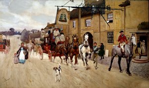 Zatrzymaj pracowitość przed karczmą z dzwonem w akwarela Stilton Cecil Aldin (1870-1935) XIX-wieczna kolekcja prywatna