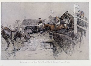 Grand National Steeplechase w Liverpoolu: The Jumping of the River – rysunek Cecila aldin autorstwa Cecil Charles Windsor Aldin