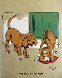 Prawo najsilniejszego: „Po tobie, jeśli zostanie…” Jeden pies pozwala drugiemu zjeść i dokończyć miskę. Rysunek Cecila Aldina (1870-1935) XIX wiek. Paryż, Sztuka Dekoracyjna autorstwa Cecil Charles Windsor Aldin