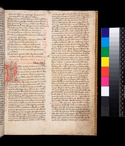 Ms 148. Grzegorz Wielki, Dialogi po włosku przeł. Domenico Cavalca, f.2r Zdobiona litera [N] czerwonym tuszem z kwitnieniem pióra w brązowym tuszu autorstwa Central Italian School