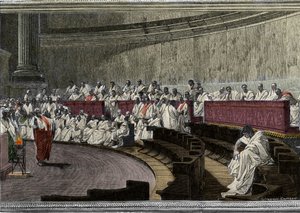 Cyceron potępia spiskowca Katilinę (Lucius Sergius Catilina) (108-62 pne) w dniu 8 listopada 63 pne, Scena deroule w Rzymie w Senacie, wyryta według fresku wykonanego w latach 1882-1888 przez Cesare Maccari (1840-1919). Rzym Palazzo Madama. autorstwa Cesare (after) Maccari