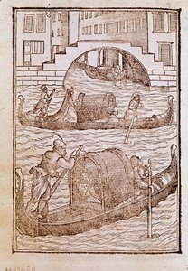 Gondole w lagunie weneckiej w XV w. Rycina z „Ubioru dawnych i współczesnych” Cesare Vecellio (1521-1601) 1590 Wenecja Biblioteca Marciana autorstwa Cesare (after) Vecellio