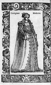 Renesans: rzymska kurtyzana w XVI wieku. Grawer z „”Nowoczesnych i starożytnych kostiumów”” Cesare Vecellio autorstwa Cesare (attr. to) Vecellio