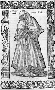 Renesans: kurtyzana w czasach papieża Piusa V (1566-1572). Grawer z „”Nowoczesnych i starożytnych kostiumów”” Cesare Vecellio autorstwa Cesare (attr. to) Vecellio