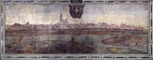 Widok na Wiedeń, Austria. Widok na miasta Imperium Habsburgów. Fresk przedstawiający Dwór Michelozzo w Palazzo Vecchio we Florencji. Malarstwo Sebastiano Veronese, Giovanni Lombardi, Cesare Baglioni i Turino da Piamonte, około 1565 roku. Rozmiar: autorstwa Cesare Baglioni