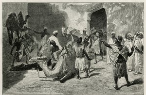 Załadunek wielbłądów z karawany autora opowieści, Atangera, rycina Biseo, ilustrująca opowiadanie Le Maroc Edmondo de Amicis, w 1875 roku, opublikowane w tour du monde, pod kierunkiem Edouarda Chartona