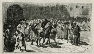 pogawędka złodzieja, wspina się na mule, otrzymuje pałki pod barwami tłumu, rycina C. Biseo, dla zilustrowania opowiadania Le Maroc Edmondo de Amicis, w 1875 roku, opublikowanego w tour du monde, pod reżyseria Edouarda Chartona autorstwa Cesare Biseo