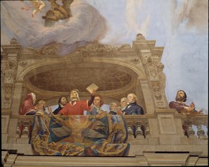 Fragment z Alegoria Włoch, fresk Cesare Mariani (1826-1901), sufit, Sala Większości, Palazzo delle Finanze (Pałac Finansów), Rzym. Włochy