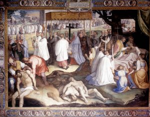 Plaga w Mediolanie: Św. Karol Boromeusz (1538 - 1584) gmina konająca. Fresk autorstwa Carlo Nebbia w Borromeo College w Pawii. 16 wiek