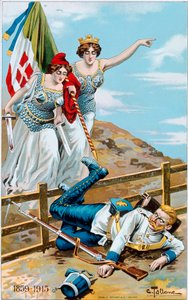 Pierwsza wojna światowa: plakat przedstawiający alegorię Włoch i Francji w pogoni za Niemcami poza granicę. Ilustracja Cesare Tallone (1853-1919) Kolekcja prywatna autorstwa Cesare Tallone