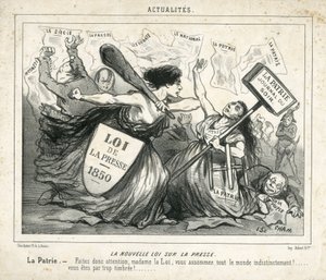 Ilustracja Chama (1819-1879) w Le Charivari, ok. 1850-4-3 - Nowe prawo prasowe - Cenzura, Prasa/Media, Loi - Proudhon Pierre-Joseph (1809-1965), Girardin Emile de (1806-1881) - Allegorie