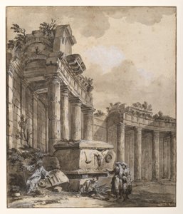 Figurki w pobliżu zrujnowanej kolumnady autorstwa Charles Louis Clerisseau