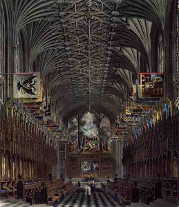 Chór, kaplica św. Jerzego, zamek Windsor, z „Rezydencji królewskich”, ryt. Thomas Sutherland (ur. 1785), wyd. autorstwa Williama Henry