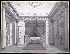 Projekt sypialni w stylu Empire, ok. 1810 (pióro i tusz oraz akwarela na papierze) autorstwa Charles (attr. to) Percier