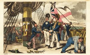 Kapitan Spring sprawia, że Midshipman Newcome staje się adiutantem i wręcza mu swój miecz na nadbudówce HMS Victory autorstwa Charles (c.1797 1850) (after) Williams