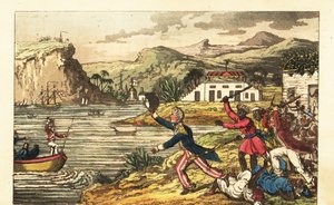 Angielski oficer marynarki uciekający przed wściekłym plantatorem Massa i zniewolonymi przez Quashee mężczyznami pałkami na Jamajce autorstwa Charles (c.1797 1850) (after) Williams