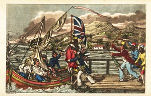 Angielski oficer marynarki porywa zniewoloną kobietę na molo Barbados, ścigany przez męża jej właściciela i pracowników plantacji autorstwa Charles (c.1797 1850) (after) Williams