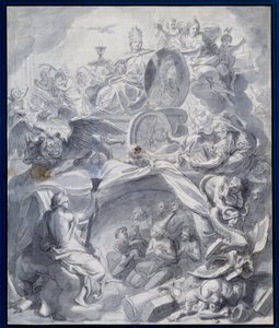 Alegoria: „”Zwycięski Kościół Herezji czyli triumf religii”” Rysowanie gwaszu i pranie warsztatu Charlesa Lebruna (Le Brun) (1619-1690) XVII-wieczny Paryż, Musee du Louvre autorstwa Charles (studio of ) Le Brun