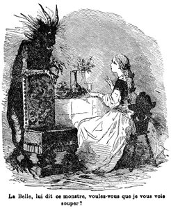 Ilustracja do opowieści pani Jeanne Marie Leprince de Beaumont „Piękna i Bete”, XIX w. autorstwa Charles Albert dArnoux Bertall