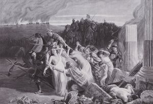 Galowie uprowadzeni przez Hunów (litografia) autorstwa Charles Alexandre Coessin de la Fosse