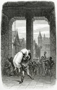 Quasimodo ratuje Esmeraldę przed egzekucją - ilustracja z Notre Dame de Paris, XIX w. (rycina bw)