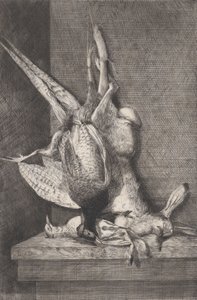 Trofeum myśliwskie z ptaszkiem łownym i królikiem, 1850-1900. autorstwa Charles Alphonse Deblois