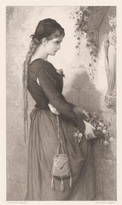 Młoda kobieta przynosi kwiaty do niszy z figurą Maryi Małgorzata (tytuł na obiekcie) autorstwa Charles Alphonse Deblois