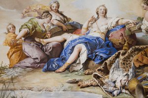 Reszta Diany wśród nimf, autorstwa Charles-Andre van Loo (1705-1765), fresk, sklepiony sufit sypialni, apartament królowej, rezydencja myśliwska, autorstwa Filippo Juvarra (1678-1736). ), Stupinigi, Piemont, Włochy