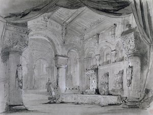 Scenografia wnętrz pałacu do przedstawienia opery "Makbet" Giuseppe Verdiego (1813-1901) w Theatre Lyrique, Chatelet, 1865 (węgiel drzewny i biała kreda na papierze) autorstwa Charles Antoine Cambon