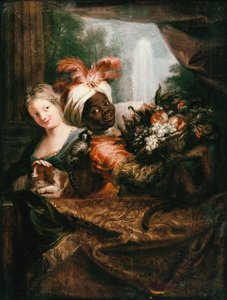 ځوان تور سړی د میوو کڅوړه په لاس کې لري او یوه ځوانه نجلۍ د سپي پولي په نښه کوي autorstwa Charles Antoine Coypel