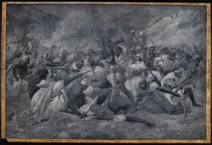 „Klęska armii egipskiej pod wodzą Hicksa Paszy przez siły Mahdiego Muhummada Ahmada pod El Obeid”, 5 listopada 1883 r. (akwarela en grisaille) autorstwa Charles Auguste Loye
