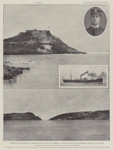 Wejście do portu w Santiago de Cuba; z okrętem Merrimac, który został zatopiony w najwęższej części kanału. autorstwa Charles Auguste Loye