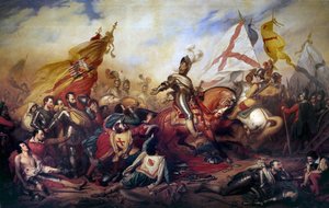 Wojny religijne (1562-1598): „”Król Henryk IV Francji (1553-1610) w bitwie pod Ivry w dniu 14.03.1590”” Armia królewska wygrała z armią Ligi Katolickiej. Fragment obrazu Charlesa de Steubena (1788-1856) XIX w. Niedz. 4,2x8,1m - Wa