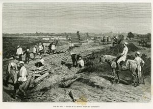 Układanie szyn transkaspijskich. Grawerowanie Ch. Barbant ilustrujący opowiadanie Podróż na Merv Edgara Boulangera, in le tour du monde 1887, w reżyserii Edouarda Chartona (1807-1890), Hachette, Paryż. autorstwa Charles Barbant