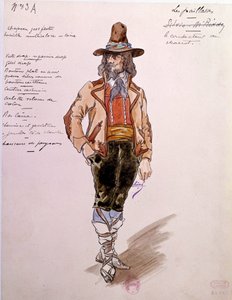 Kostium woźnicy do opery „Paillasse” (pagliacci, klauni) Ruggero Leoncavallo (1857-1919) z 1892 roku. Akwarela Charlesa Bianchiniego (1860-1905)