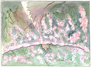 Massenet - Esclarmonde - scenografia Charlesa Bianchiniego - akt 2, scena 1, opadająca kurtyna różana - rysunek G. Steina, 1889 (c) autorstwa Charles Bianchini