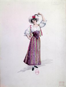 Kostium młodej kobiety (Nedda czy Colombine?) do opery „Paillasse” (de pagliacci, klauni) Ruggero Leoncavallo (1857-1919) z 1892 roku. Akwarela Charlesa Bianchiniego (1860-1905)