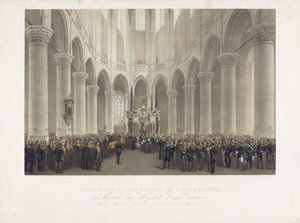 Uroczysty pogrzeb w Groote Kerk w Delft, 17 marca 1865 r. Jej Królewskiej Mości Anny Pawłownej Królowej Matki Holandii urodzonej jako Wielka Księżniczka Rosji (tytuł na obiekcie) autorstwa Charles Billoin