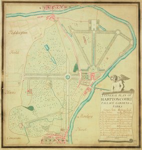 Ogólny plan ogrodów i parków pałacowych Hampton Court, ok. 1713 r. (pióro i atrament oraz toaleta na papierze) autorstwa Charles Bridgeman