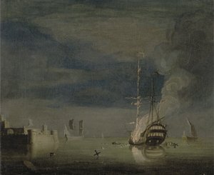 Dwupoziomowy w ogniu nocą z fortu, ok. 1740 (olej na płótnie) autorstwa Charles Brooking