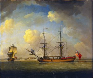Statek "Naval Snow", brytyjski statek z dwoma masztami, używany do transportu zaopatrzenia dla Królewskiej Marynarki Wojennej, na horyzoncie, Fort Tilbury, na Tamizie, Anglia autorstwa Charles Brooking