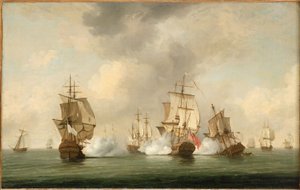 Akcja komodora Walkera: Korsarz "Boscawen" atakujący flotę francuskich okrętów, 23 maja 1745 r. autorstwa Charles Brooking