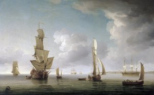 Żegluga w ujściu Tamizy (Anglia), duża różnorodność łodzi i opis angielskiego wybrzeża. Olej na płótnie autorstwa Charles Brooking
